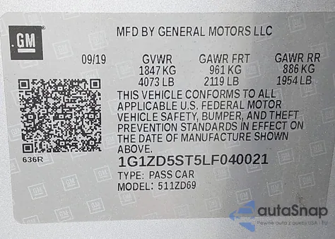 2020 Chevrolet Malibu Fwd Lt z USA, uszkodzony, nr VIN 1G1ZD5ST5LF040021